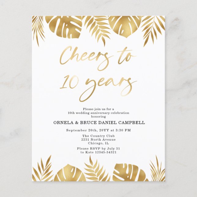 Budget Gold 10th Wedding Anniversary Invitation (Front)