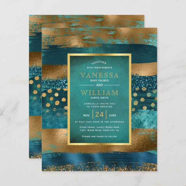 BUDGET Gold and teal strokes wedding invitation (Front/Back)