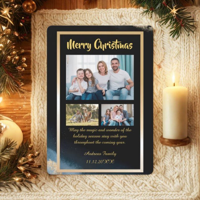 Budget Gold Black Christmas  3 Photo Holiday Card (Creator Uploaded)