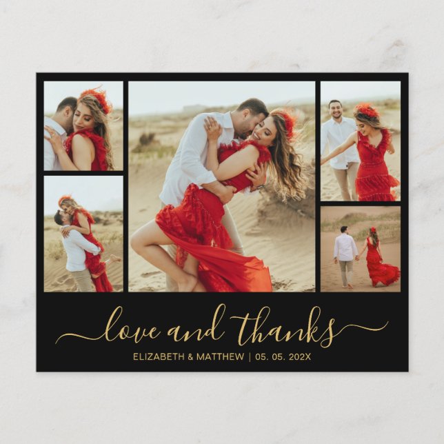 Budget Gold Black Photo Wedding Thank You Card (Front)