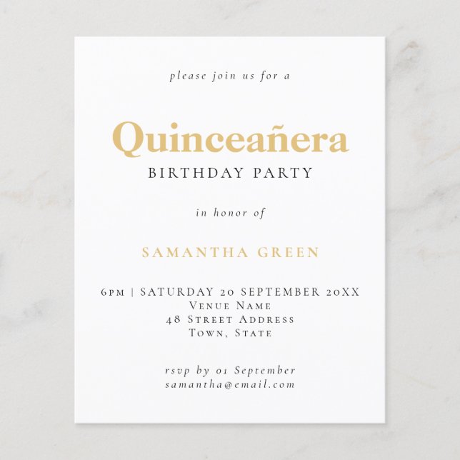 Budget Gold Black Text Quinceañera Birthday Invite (Front)