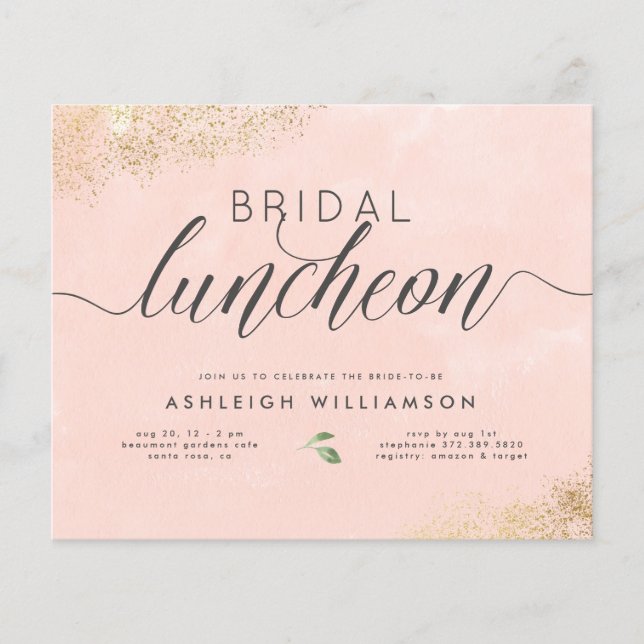 Budget Gold Blush Pink Watercolor Bridal Luncheon (Front)
