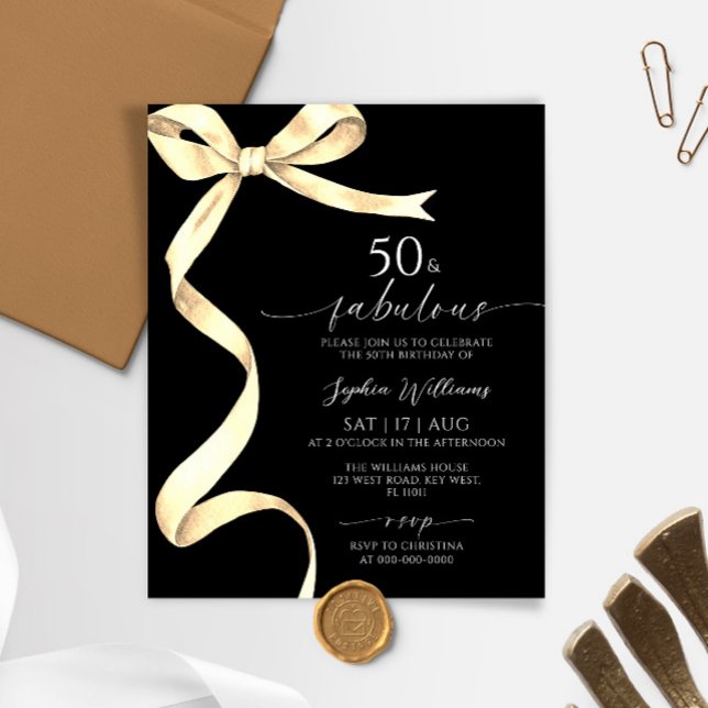 Budget Gold Bow 50 & Fabulous Birthday Invitation (Creator Uploaded)