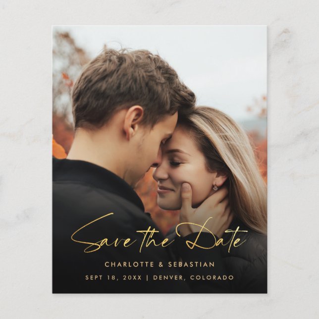 Budget Gold Calligraphy Photo Save the Date Card (Front)