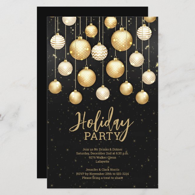 Budget Gold Christmas Tree Ornaments Black Invites (Front/Back)