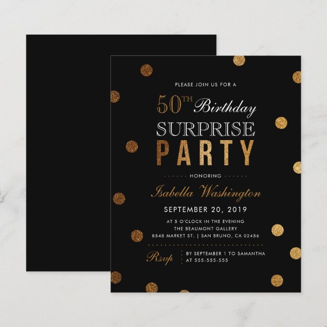 Budget Gold Confetti Black Surprise Birthday Party (Front/Back)