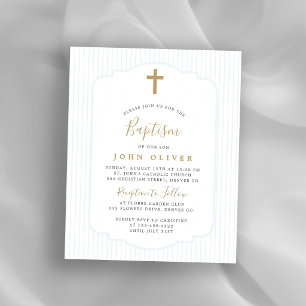 Budget gold cross blue boy baptism invitation