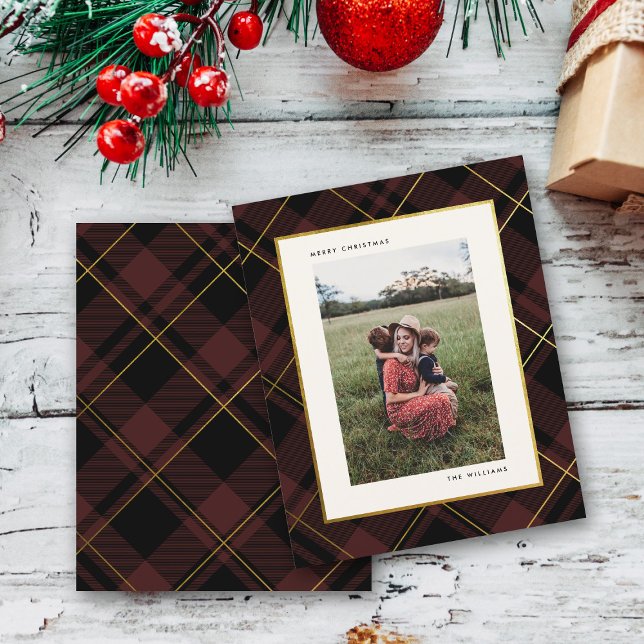 Budget Gold & Dark Red Tartan Christmas Photo Card (Creator Uploaded)