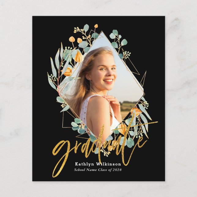BUDGET Gold Eucalyptus Geometric Grad Announcement Flyer (Front)