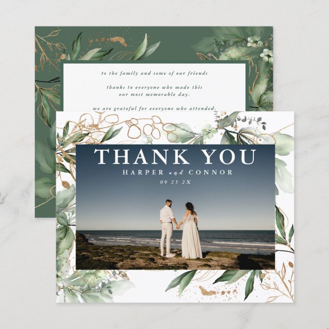Budget Gold Eucalyptus Greenery Photo Thank You (Front/Back)