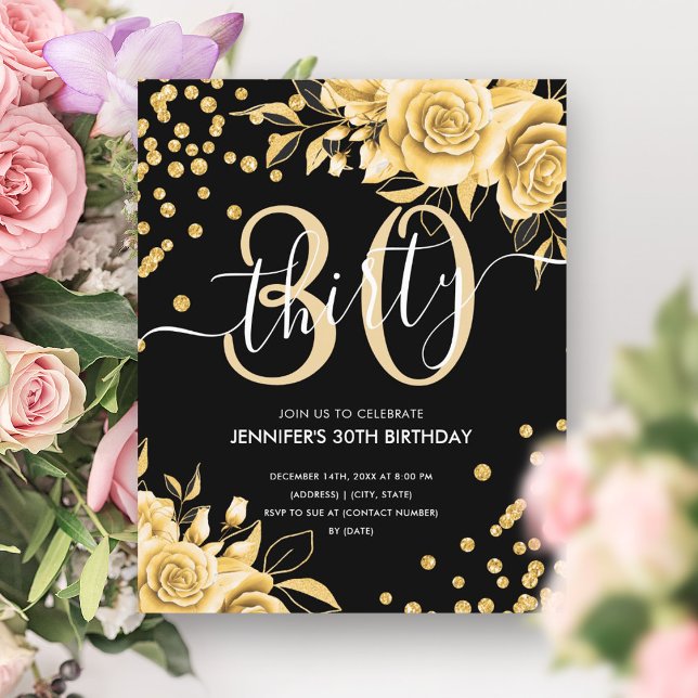 BUDGET Gold Floral Glitter 30th Birthday Black (BUDGET Gold Floral Glitter 30th Birthday Black)