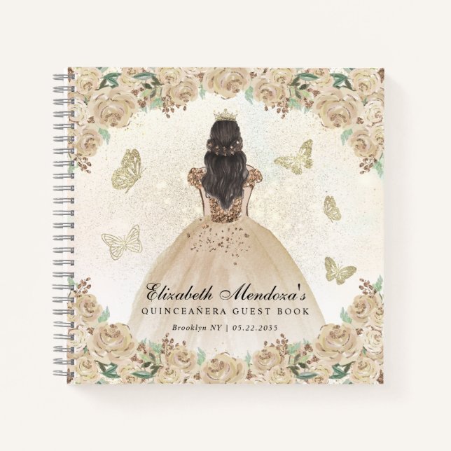 Budget Gold Floral Princess Quinceañera Guestbook Notebook (Front)