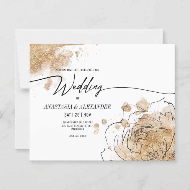 BUDGET Gold & Floral wedding invitation. (Front)