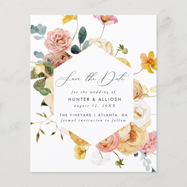 Budget Gold Frame Floral Save the Date Flyer (Front)