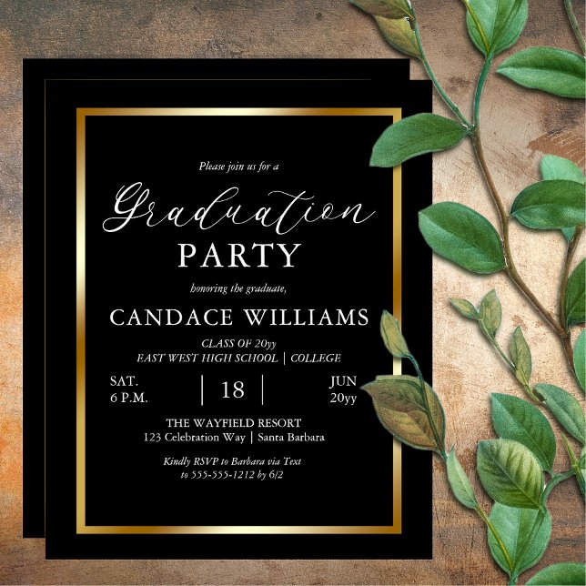 Budget Gold Frame Minimalist Party Invitation (BUDGET Gold Tone Frame Black Minimalist Non-Photo  Graduation Announcement | Party Invitation)