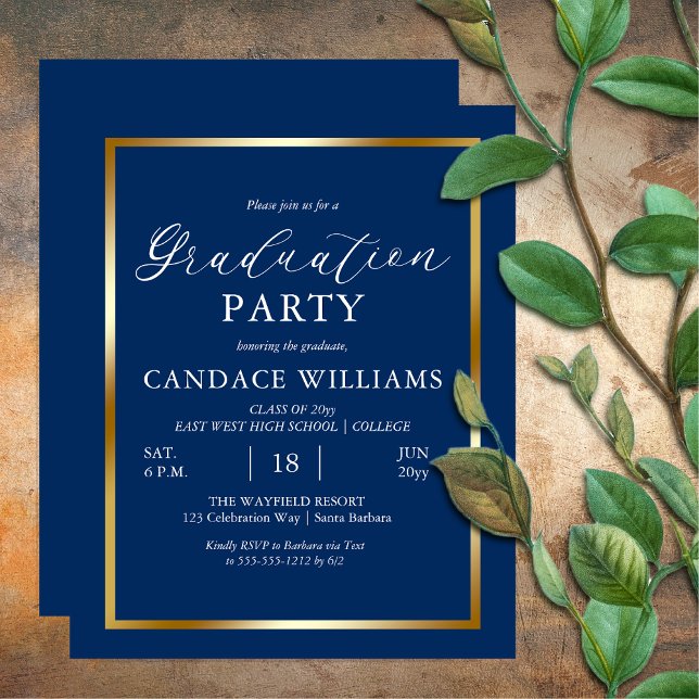 Budget Gold Frame Minimalist Party Invitation Flyer (Budget Gold Tone Frame Blue Non-Photo Minimalist Party Invitation Flyer)
