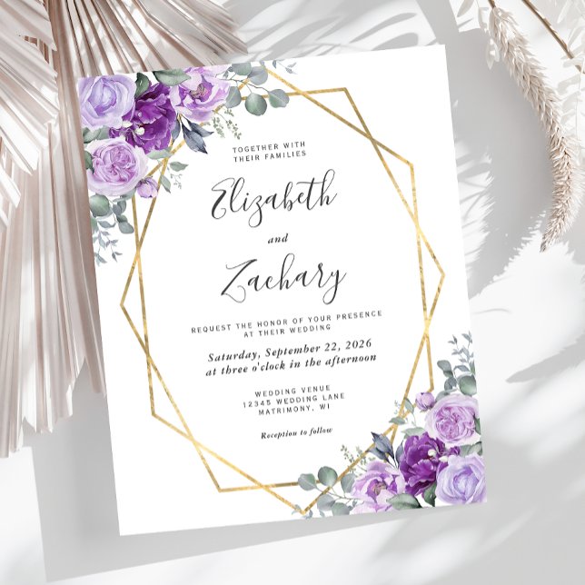 Budget Gold Frame Purple Floral Wedding Invite (Creator Uploaded)