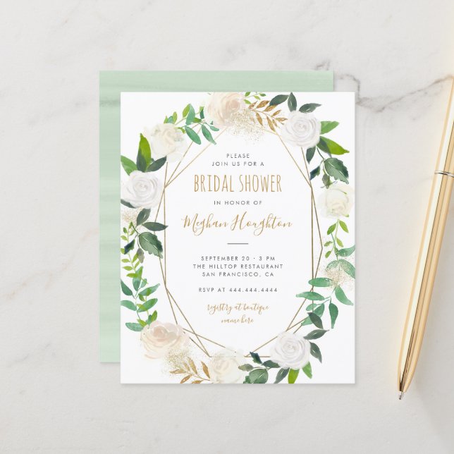 Budget Gold Frame Watercolor Floral Bridal Shower (Front/Back In Situ)