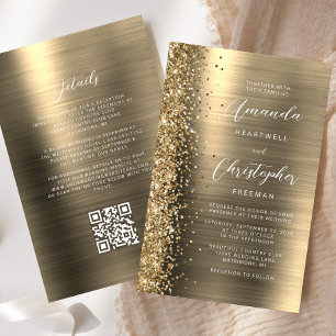 Budget Gold Glam QR Code Wedding Invitation
