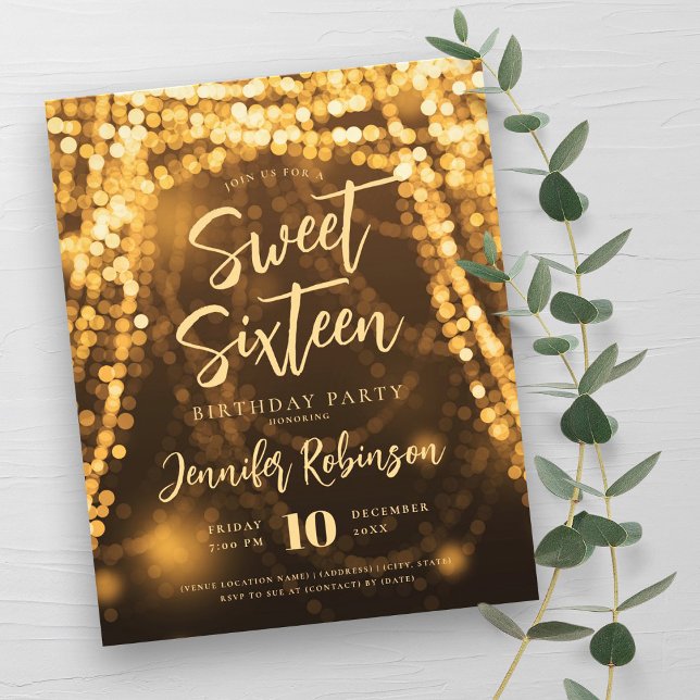 Budget Gold Glam String Lights Sweet 16 Invite Flyer (Budget Gold Glam String Lights Sweet 16 Invite Flyer)