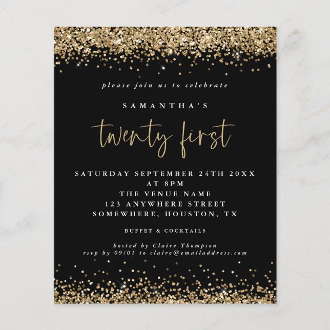 Budget Gold Glitter 21st Black Party Invitation (Front)