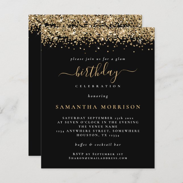 Budget Gold Glitter Any Age Birthday Black Invite (Front/Back)