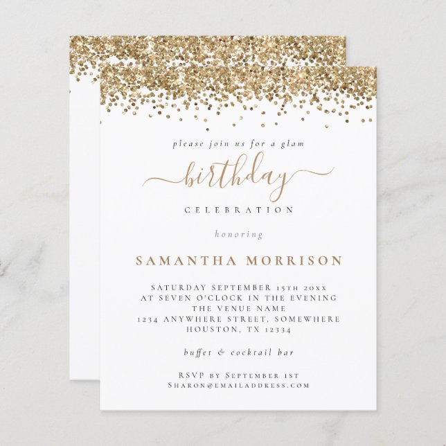 Budget Gold Glitter Any Age Birthday Party Invite (Front/Back)