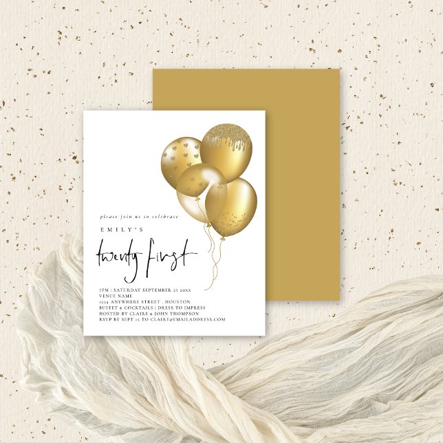 Budget Gold Glitter Balloons 21st Party Invite (Front and back view. Budget price value invitation)