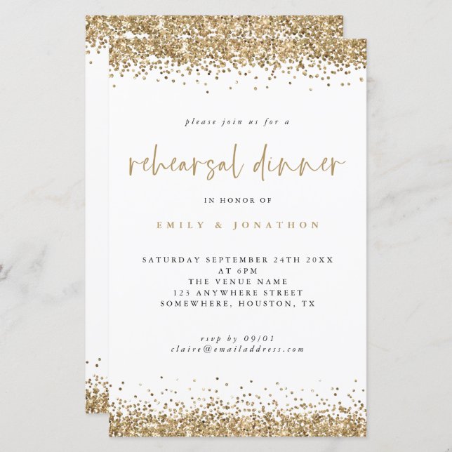 Budget Gold Glitter Border Rehearsal Dinner Invite (Front/Back)