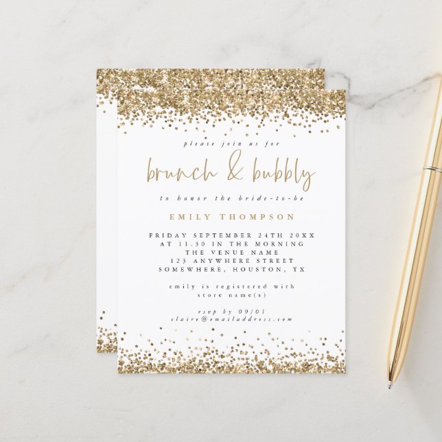 Budget Gold Glitter Brunch Bubbly Bridal Shower (Front/Back In Situ)
