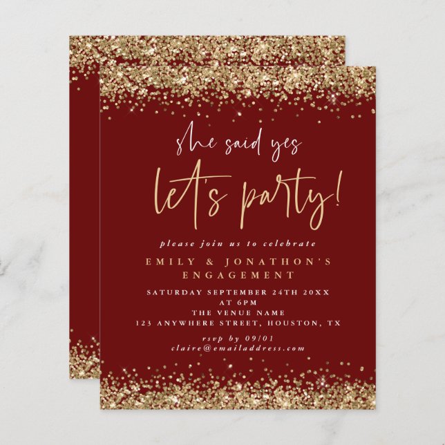 Budget Gold Glitter Burgundy Engagement Invite (Front/Back)