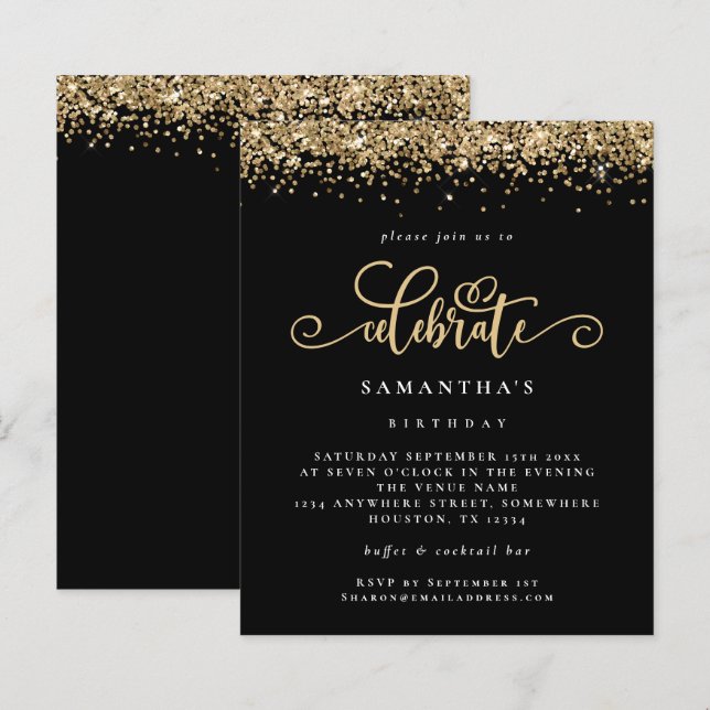 Budget Gold Glitter Celebrate Birthday Black (Front/Back)