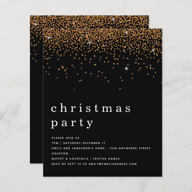 Budget Gold Glitter Christmas Party Black Invite (Front/Back)