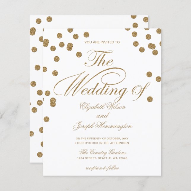 Budget Gold Glitter Confetti Wedding Invitation (Front/Back)