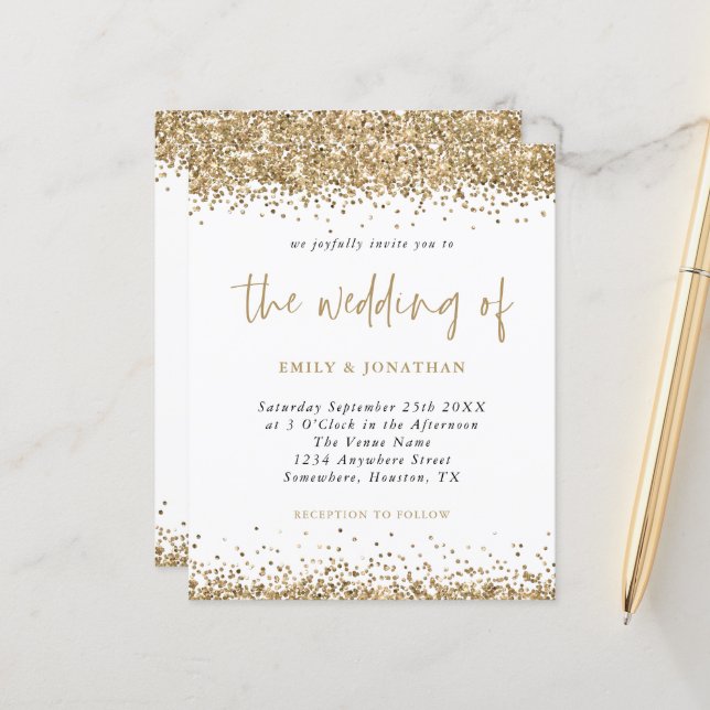 Budget Gold Glitter Confetti Wedding Invitation (Front/Back In Situ)