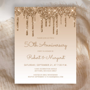 Budget Gold Glitter Drip 50th Anniversary Invite
