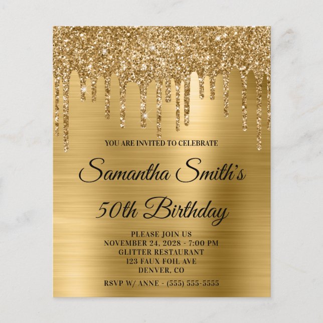 Budget Gold Glitter Drip 50th Birthday Invite (Front)