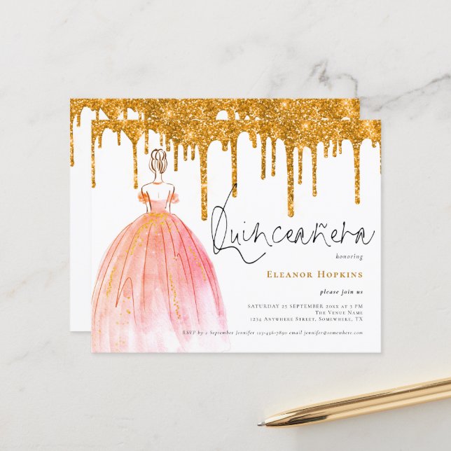 Budget Gold Glitter Drips Quinceanera Invitation (Front/Back In Situ)