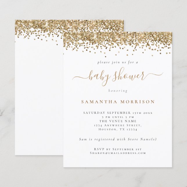Budget Gold Glitter Girl or Boy Baby Shower Invite (Front/Back)