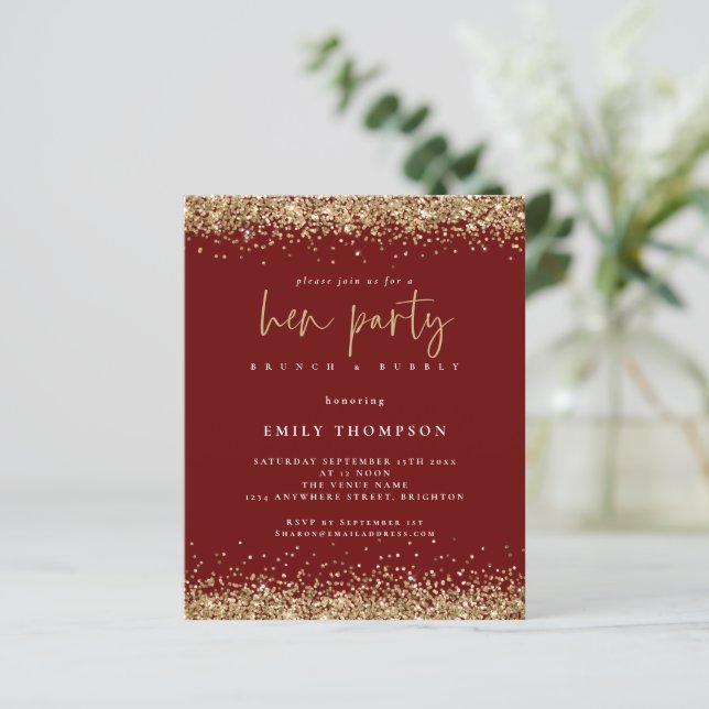 Budget Gold Glitter Hen Party Burgundy Invite (Standing Front)