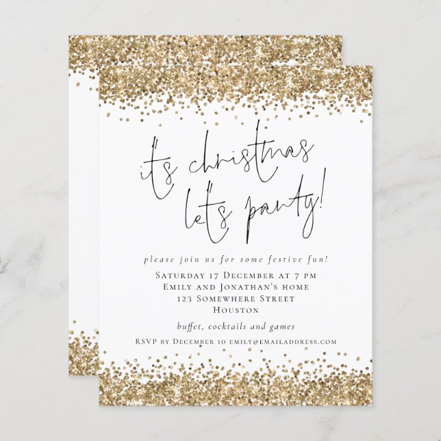 Budget Gold Glitter Its Christmas Lets Party Invit (Front/Back)