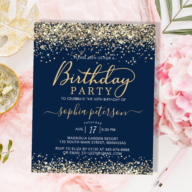 Budget Gold Glitter Navy Blue Birthday Invitation (Creator Uploaded)