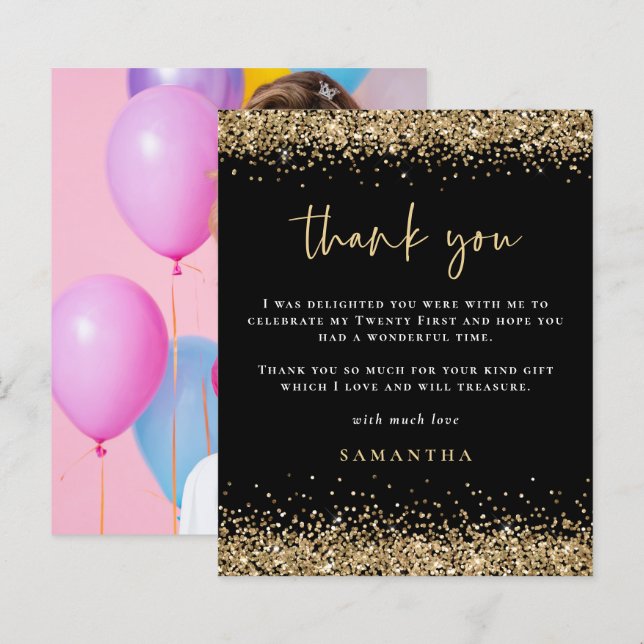Budget Gold Glitter Photo 21st Black Thank You (Front/Back)