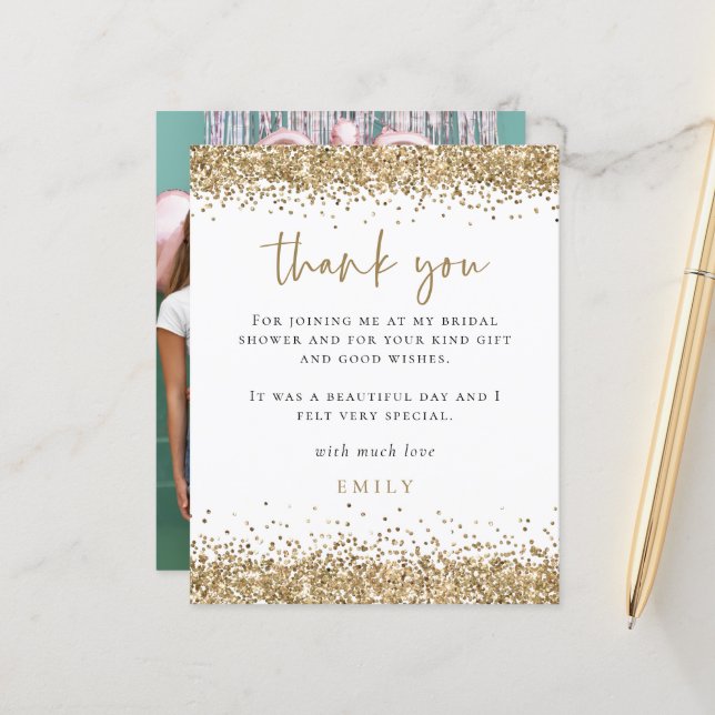 Budget Gold Glitter Photo Bridal Shower Thank You (Front/Back In Situ)