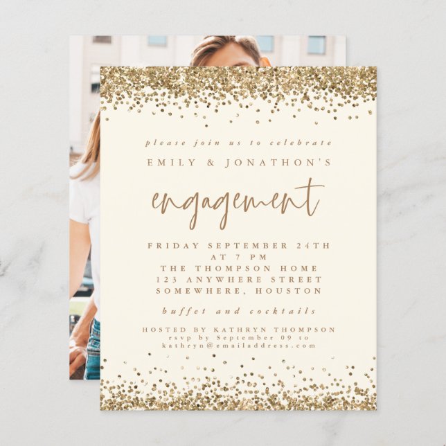 Budget Gold Glitter Photo Engagement Cream Invite (Front/Back)