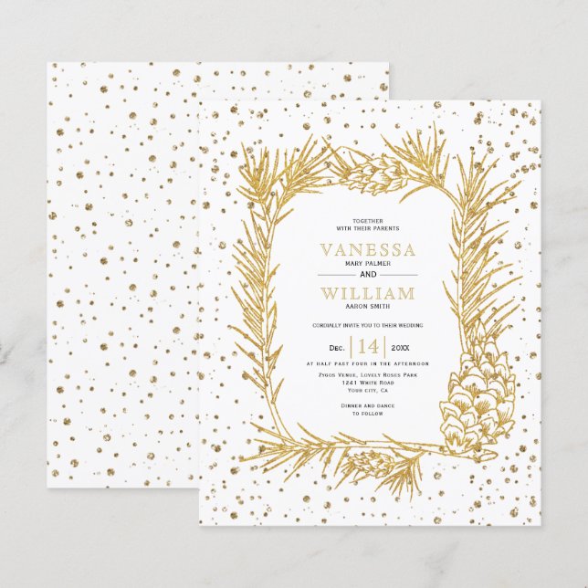 BUDGET Gold glitter pine wedding invitatation (Front/Back)