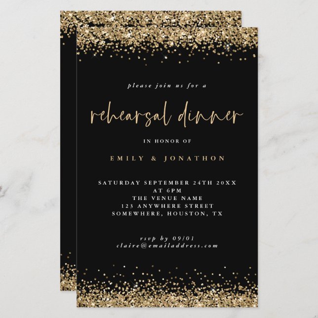 Budget Gold Glitter Rehearsal Dinner Black Invite (Front/Back)
