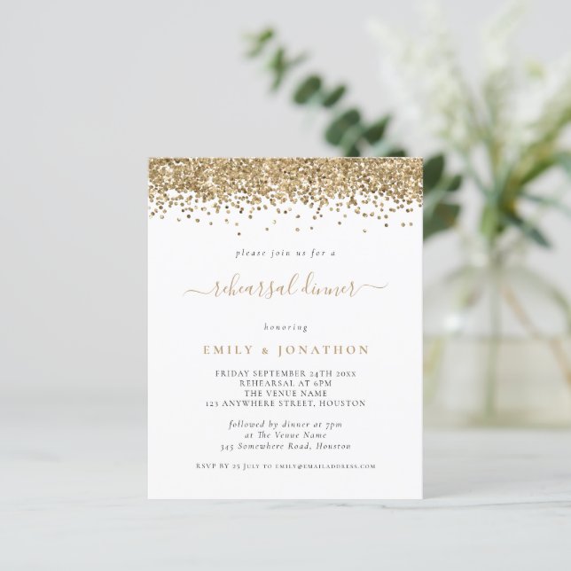 Budget Gold Glitter Rehearsal Dinner Invitation (Standing Front)