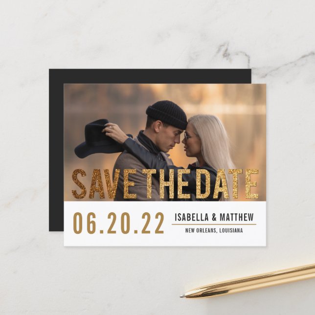 Budget Gold Glitter Save The Date Custom Photo (Front/Back In Situ)