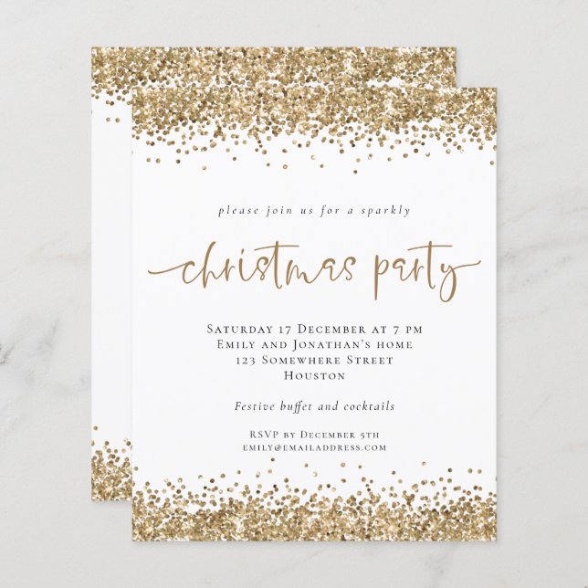 Budget Gold Glitter Script Christmas Party Invite (Front/Back)